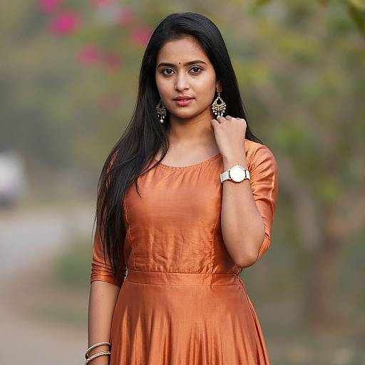 Photograph of a young Indian woman with long black hair, wearing an orange saree, white watch, and gold earrings, standing outdoors with a blurred