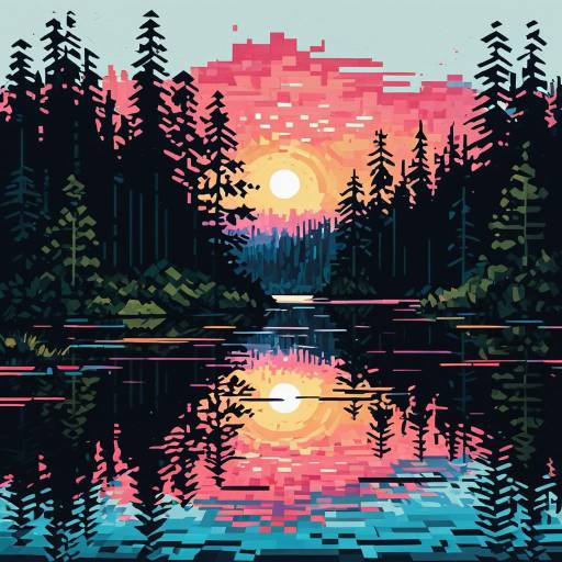 Pixelated Sunset Reflection in Forest Lake