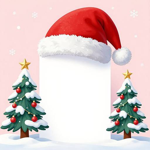 Digital illustration of two snow-covered Christmas trees with red ornaments and gold stars, flanking a large white rectangular sign topped by a red Santa hat.