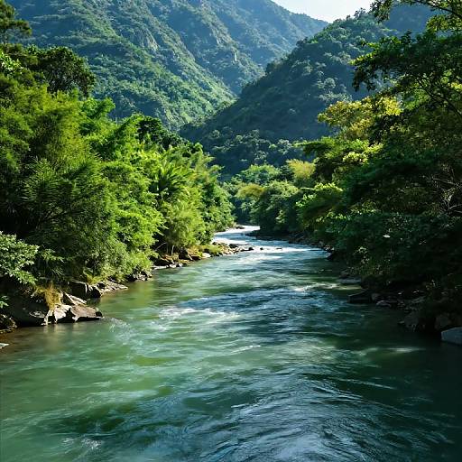Photograph of a vibrant, clear river flowing through a dense, lush green forest with steep, forested mountains in the background.