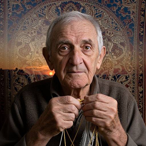 Photograph of an elderly man with gray hair, deep wrinkles, holding a gold ring against a detailed, colorful tapestry background.