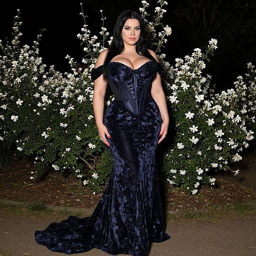 Photograph of a woman with long black hair, wearing a dark blue, off-shoulder, velvet gown with a deep neckline, standing against a
