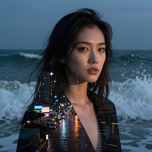 Digital art of an Asian woman with wet, dark hair, wearing a black shirt, standing in ocean waves at dusk. Neon city lights and stars overlay