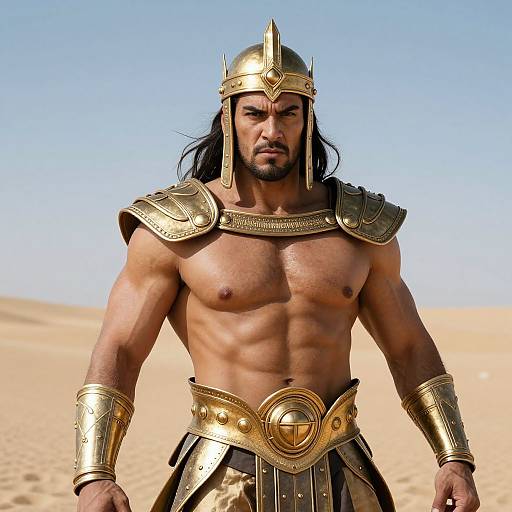 Photograph of a muscular, shirtless man with long black hair and dark skin, wearing gold ancient warrior armor and helmet, standing in a sandy desert