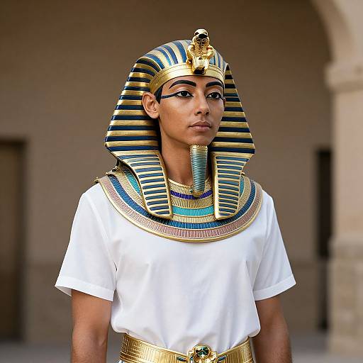 Photograph of a young man in Egyptian Pharaoh attire: striped blue and gold nemes headcloth, white tunic, gold necklace, and collar