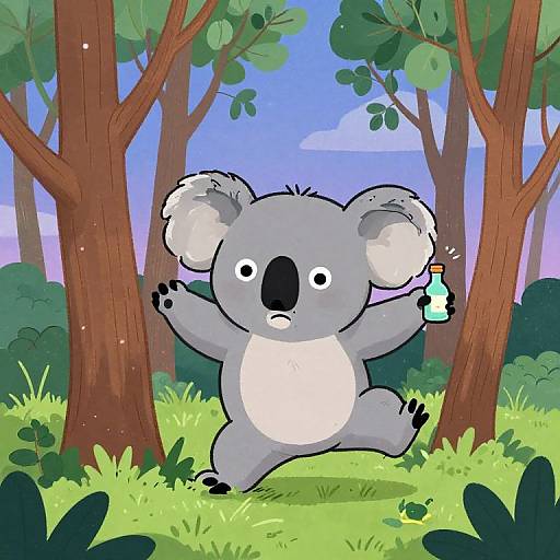 Cartoon koala with gray fur and white belly, holding a blue bottle, running through a colorful forest with tall trees and green grass.