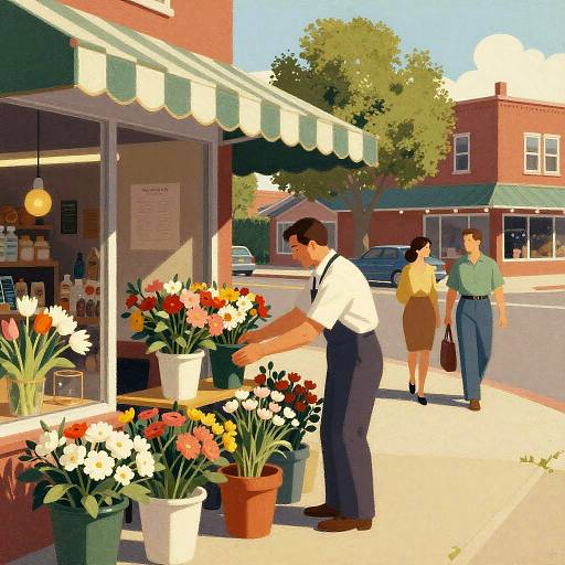 Sunlit Mid-Century Flower Shop Illustration