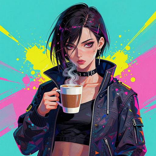 Digital anime-style drawing of a dark-haired woman with purple eyes, wearing a black choker, crop top, and jacket, holding a steaming coffee