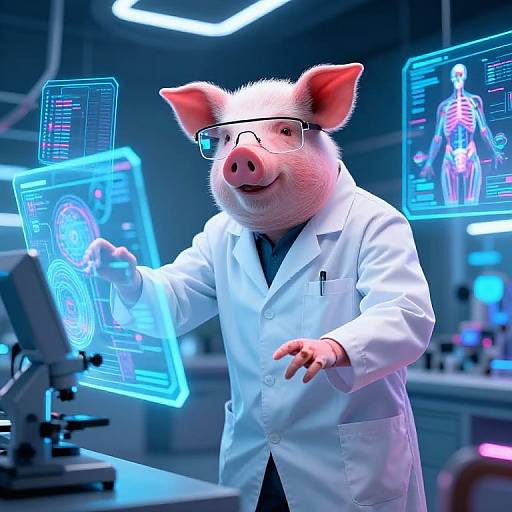 Photorealistic CGI: Anthropomorphic pink pig in white lab coat, glasses, standing in futuristic lab, interacting with glowing blue holographic screens displaying medical