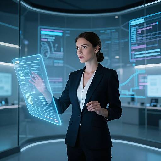 Photograph of a focused, dark-haired woman in a black suit holding a glowing blue holographic interface in a futuristic, high-tech control room.