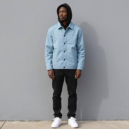 Black Man in Light Blue Jacket and Hoodie Against Gray Wall