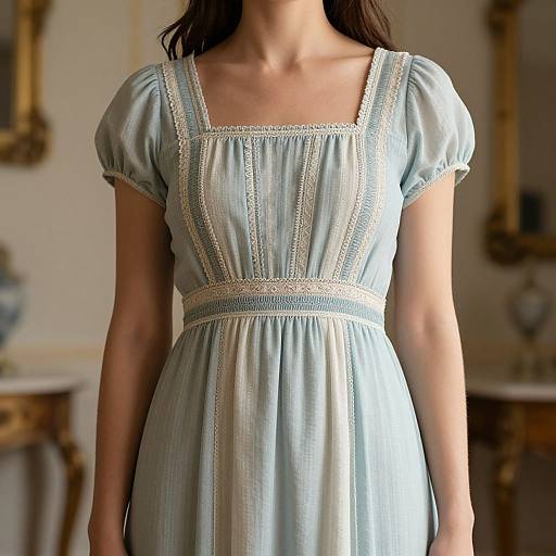 Photograph of a woman in a light blue, short-sleeved, lace-trimmed dress with a square neckline, standing in a softly lit