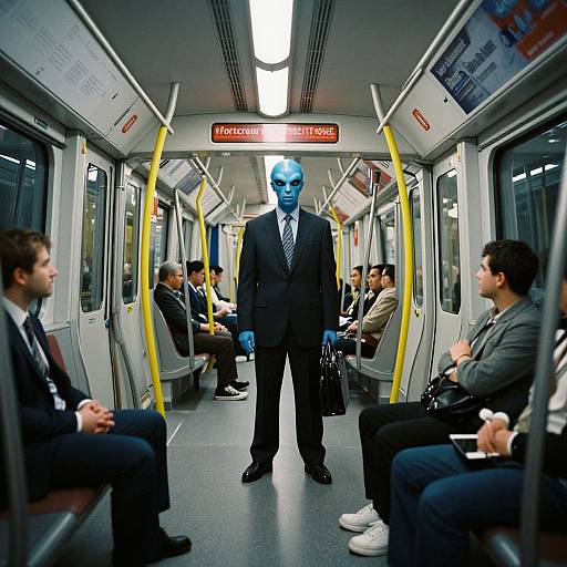 Photograph of a man with blue face paint in a black suit standing on a crowded subway car, surrounded by business-casual passengers. Yellow hand