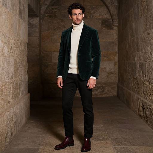Photograph of a dark-haired man with a beard, wearing a black velvet blazer, white turtleneck, black pants, and brown shoes,