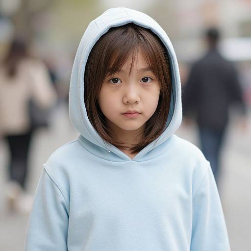 Photograph of a young Asian girl with straight brown hair, wearing a light blue hoodie with the hood up, standing in a blurred urban street scene with