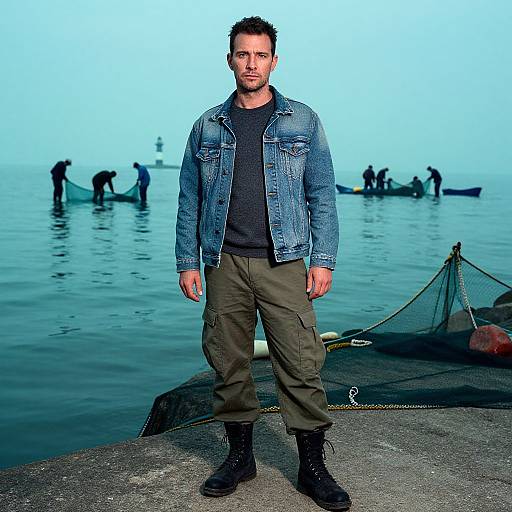 Photograph of a bearded man with short dark hair, wearing a denim jacket, black shirt, olive cargo pants, and black boots, standing on