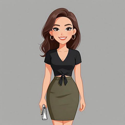 Digital illustration of a smiling woman with brown hair, wearing a black top, green skirt, and hoop earrings, holding a shopping bag.