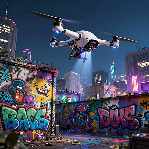 Nighttime drone flying over vibrant, graffiti-covered urban rooftop with colorful street art, neon lights, and city skyline in the background.