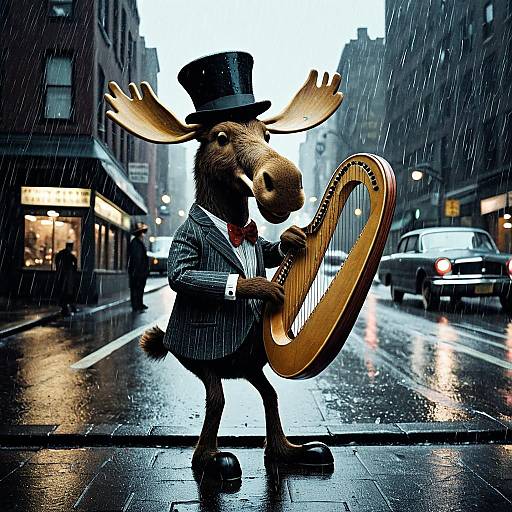 Moose in Bowler Hat Playing Harp on Rainy Street