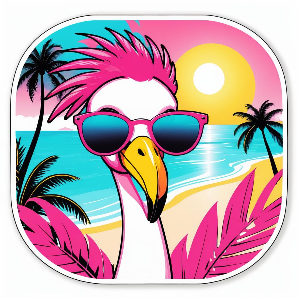 Whimsical Flamingo Cartoon Beach Sticker