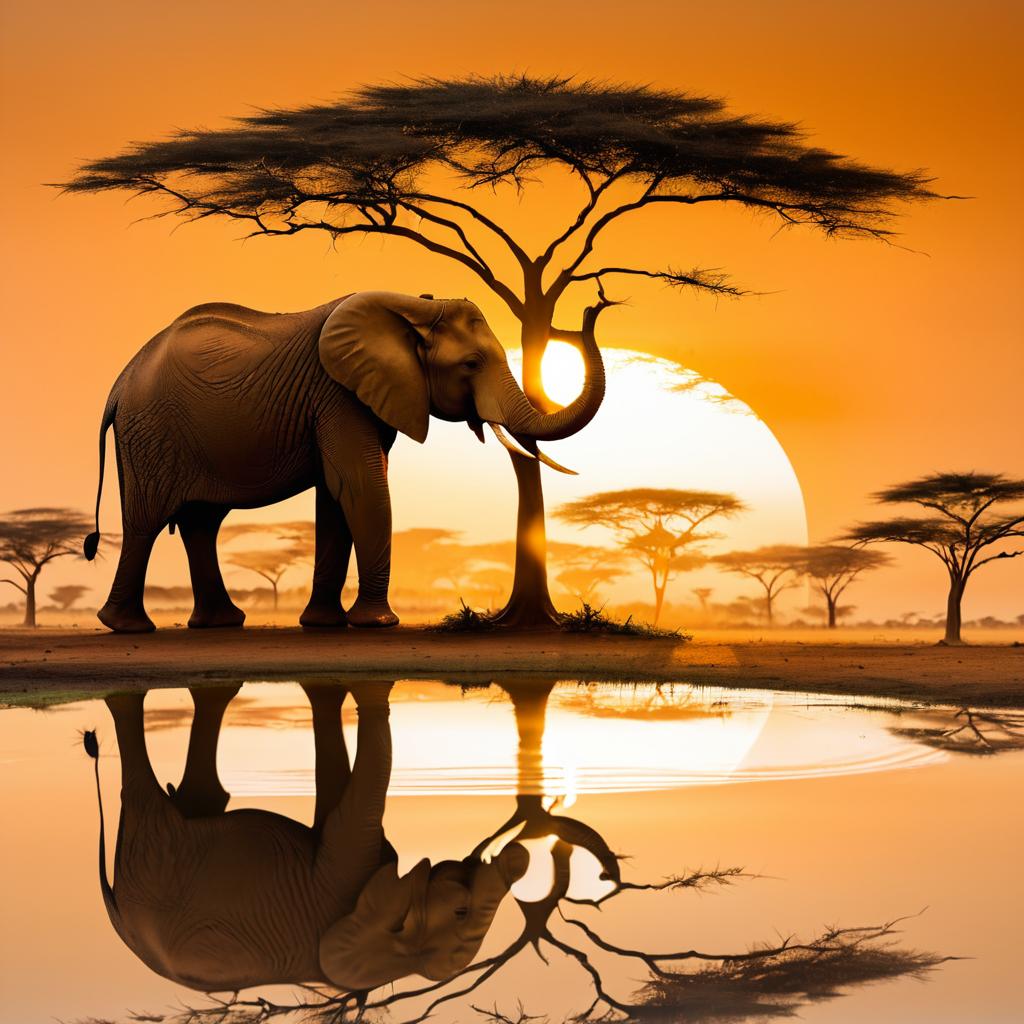 Elephant at Sunset by the Tree