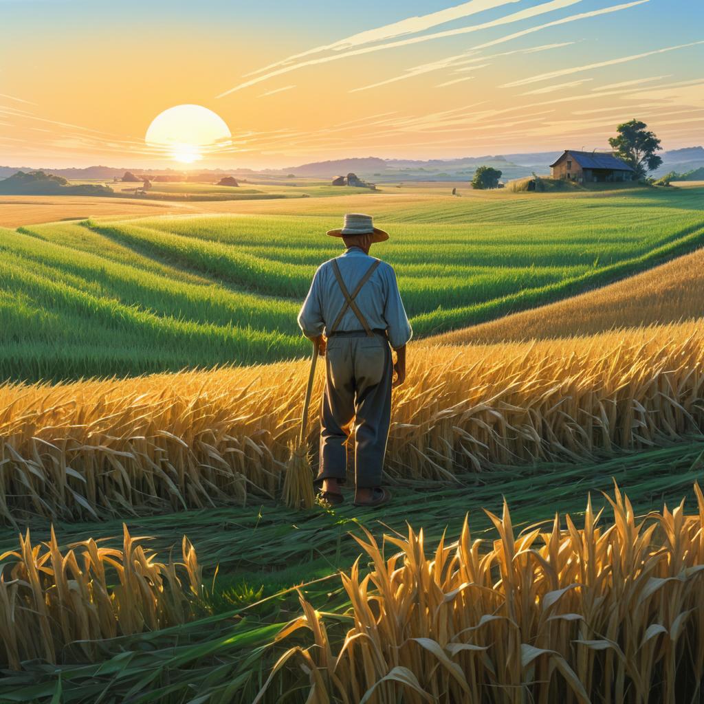 Elderly Farmer in Sunset Landscape