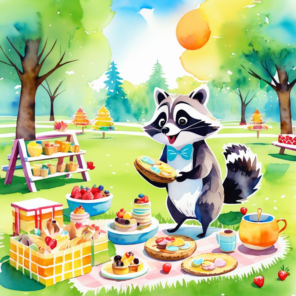 Cheerful Raccoon Picnic Heist Illustration