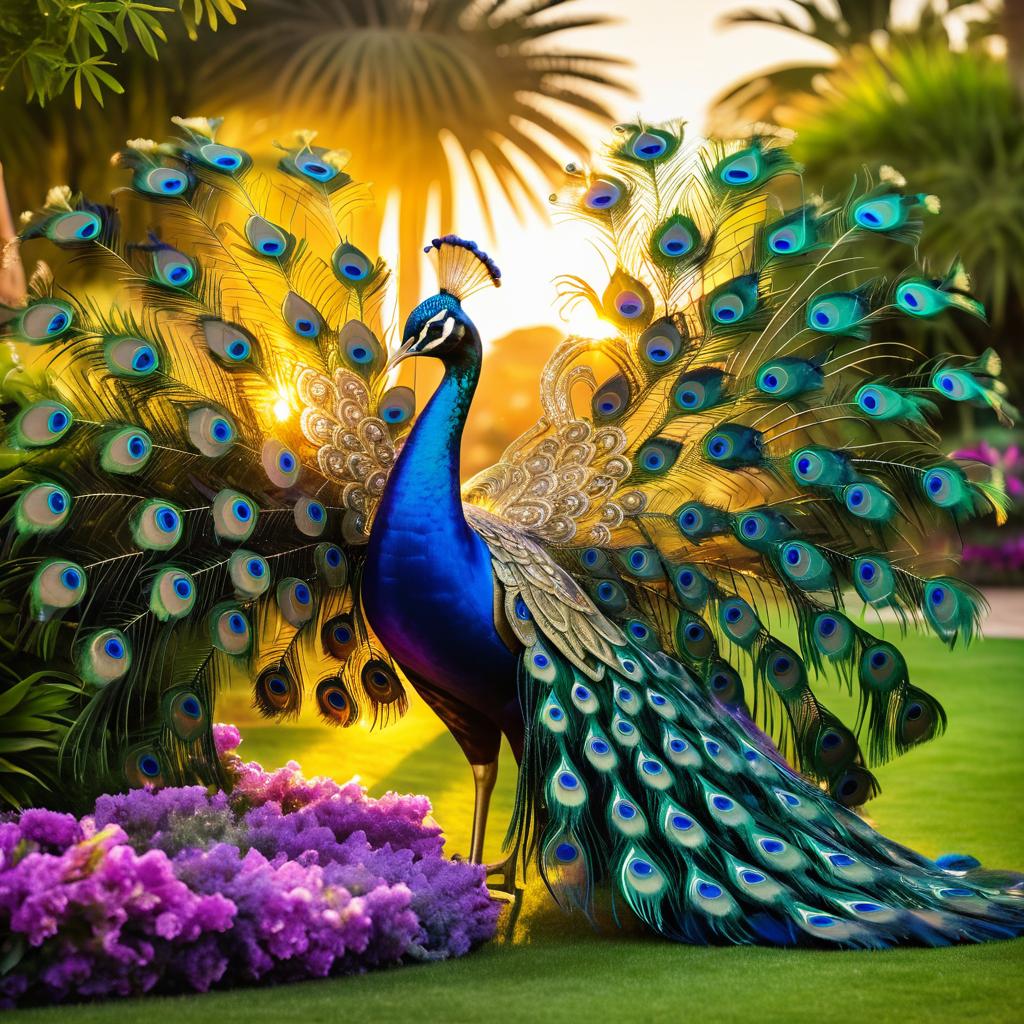 Majestic Peacock in Opulent Sunset Garden