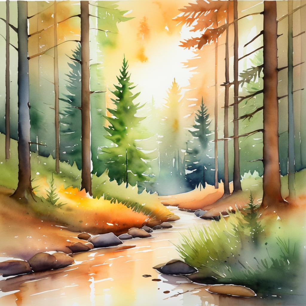 Serene Sunrise Forest Watercolor Painting