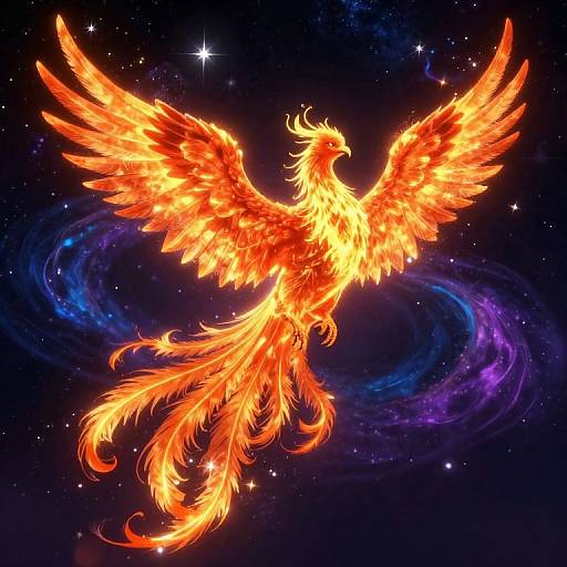 Digital art of a vibrant, fiery phoenix with glowing orange and yellow feathers, soaring through a starry, cosmic background with swirling purple and blue nebula