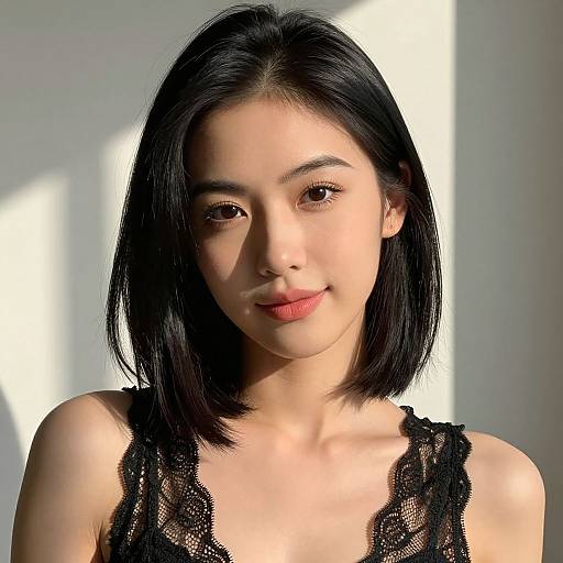 Photograph of an Asian woman with shoulder-length black hair, wearing a black lace tank top, illuminated by sunlight against a white background.