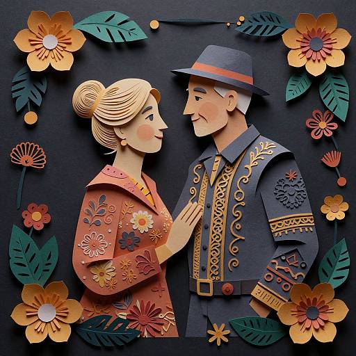Digital art: Colorful paper cut-out couple, woman in red floral kimono, man in blue ornate jacket, black hat, facing each other