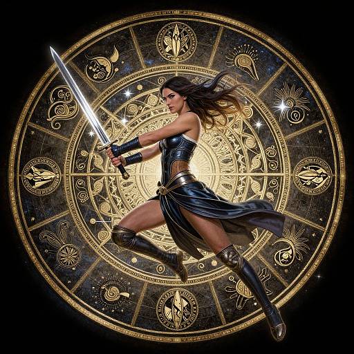 Digital artwork of a fierce, dark-haired warrior woman in black leather armor, holding a glowing sword, mid-leap against a glowing, intricate, golden