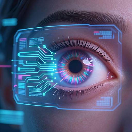 Photograph of a human eye with a glowing, blue neon circuit board overlay, featuring intricate digital lines and symbols, blending technology and human biology.