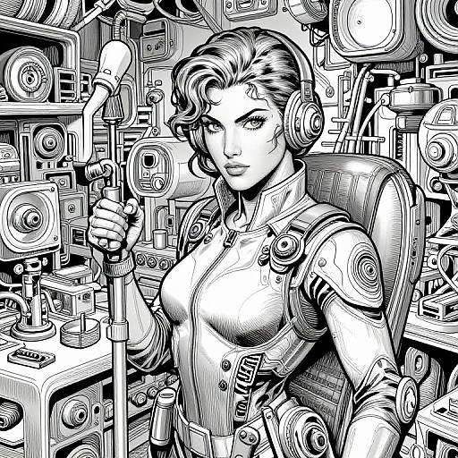 Black-and-white digital drawing of a cyberpunk woman with short, wavy hair, holding a microphone in a cluttered, tech-filled background.