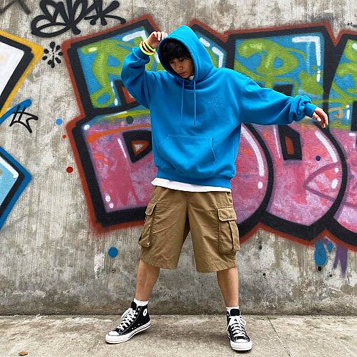 Photograph of a young man in a blue hoodie, brown cargo shorts, and black sneakers, posing against a vibrant graffiti-covered concrete wall.