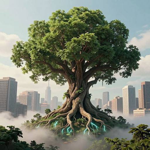 Digital artwork of a giant, leafy tree with twisted trunk and glowing blue roots, rising above a misty cityscape of skyscrapers.