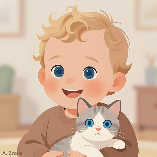 Adorable Baby with Kitten Illustration