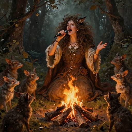 Photorealistic digital painting of a curly-haired, fair-skinned woman in medieval attire, singing to six deer around a glowing campfire in a dark