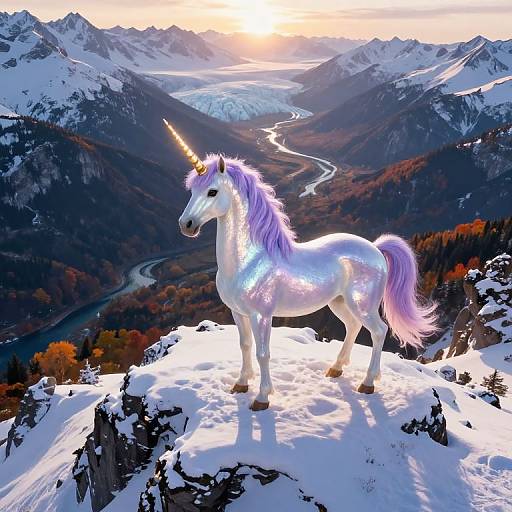 Digital art: Glittering white unicorn with purple mane and horn stands on snowy mountain peak, overlooking sunlit valley with winding river and distant glaciers.