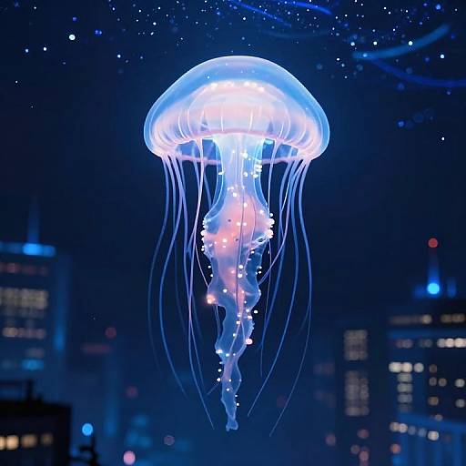 Photograph of a glowing blue jellyfish with translucent tentacles, floating in a night sky filled with stars and city lights.
