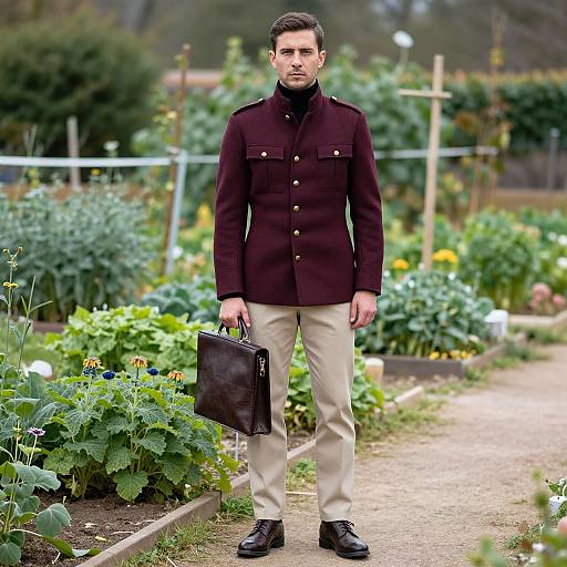 Photograph of a serious, dark-haired man in a maroon military-style jacket, beige pants, and black shoes, holding a black briefcase,