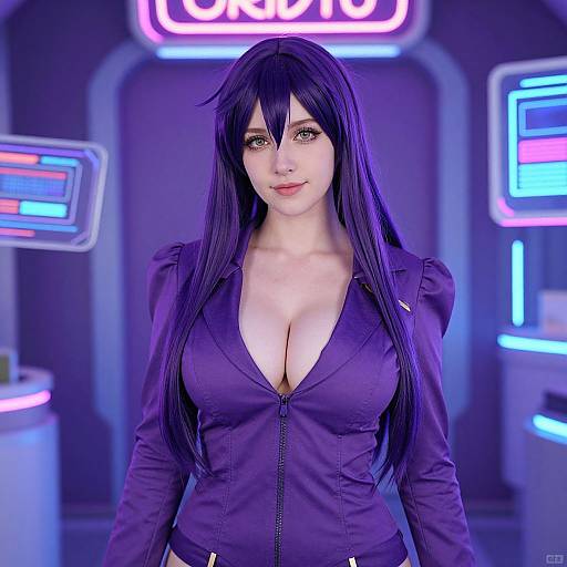 CGI image of a beautiful woman with long purple hair, large breasts, wearing a low-cut purple jacket, standing in a neon-lit cyberpunk