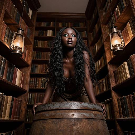 Photograph of a dark-skinned woman with long, wavy black hair, wearing a black dress, leaning on a wooden barrel in a dimly