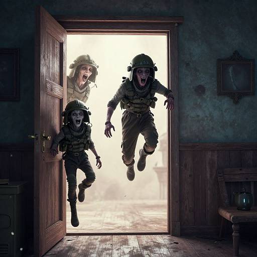 Three fierce, helmeted soldiers in tactical gear burst through a wooden door into a dimly lit, rustic room, mouths open in fierce expressions. Phot