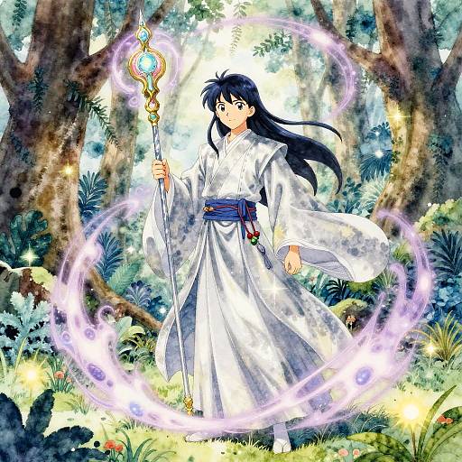Anime-style illustration of a black-haired female mage in a white robe, holding a glowing staff, surrounded by a purple magical circle, in a lush,