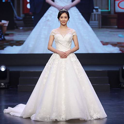 Photograph of a smiling woman in an elegant white lace wedding dress with cap sleeves, standing on a stage in front of a blurred, larger white dress