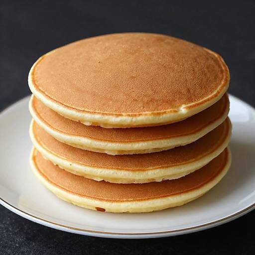 Photograph of a stack of five golden-brown pancakes with light, fluffy edges on a white plate against a dark background.