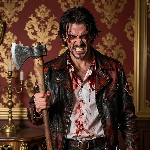 Man with Bloodstained Leather Jacket Holding Axe