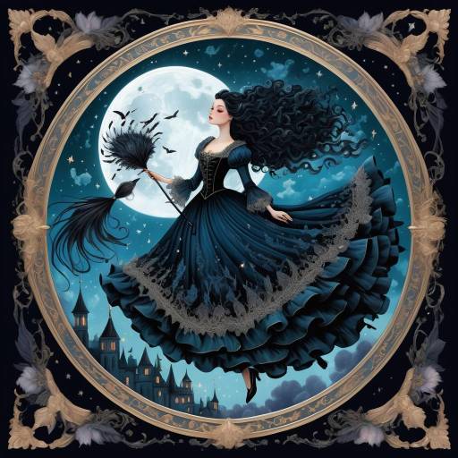 Elegant Witch Flying with Broom at Full Moon